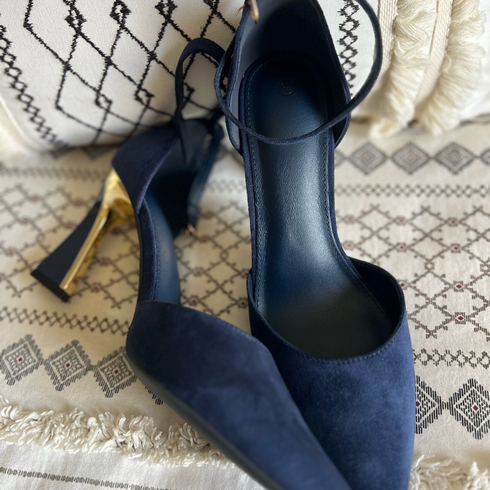 Navy Suede Ankle-Strap Heels with Gold Accent